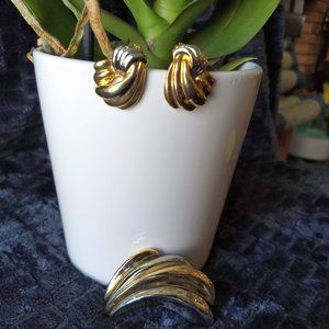 vintage 80s chunky wave swirl 2 tone earrings brooch set